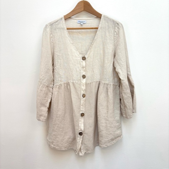 Splendid Iris 100% Linen Button Front Babydoll Top Lagenlook Boho Beige S/M - Picture 3 of 12